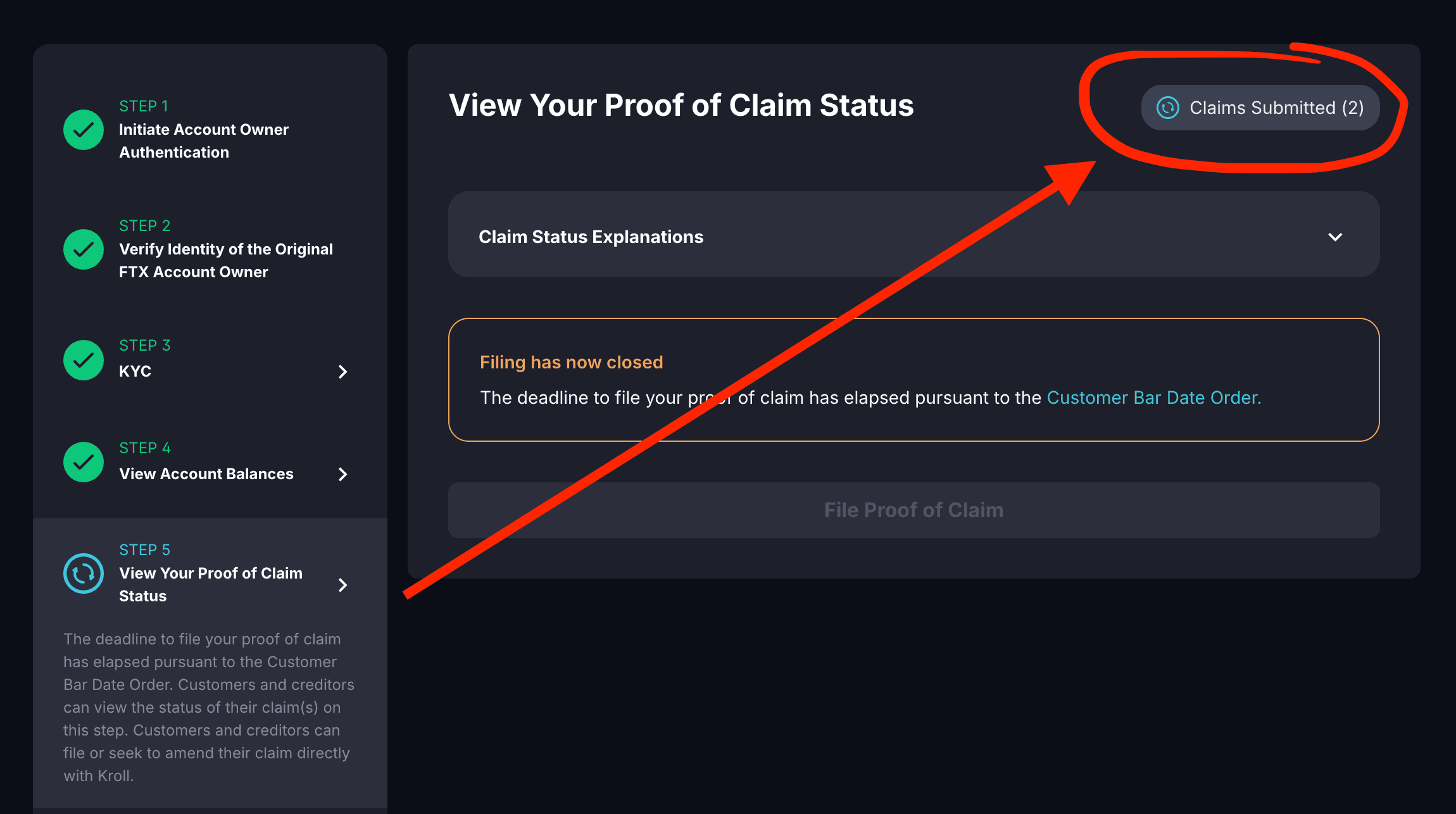 FTX Customer Portal claim status indicator at Step 5