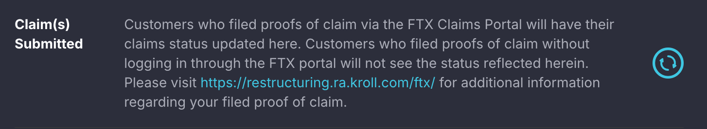FTX claim submitted but not yet accepted status screen