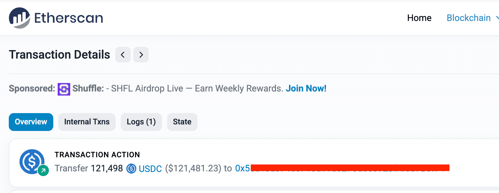 Paxtibi가 FTX 지급 처리 고객에게 Ethereum 온체인으로 120,000달러 이상을 보내는 화면