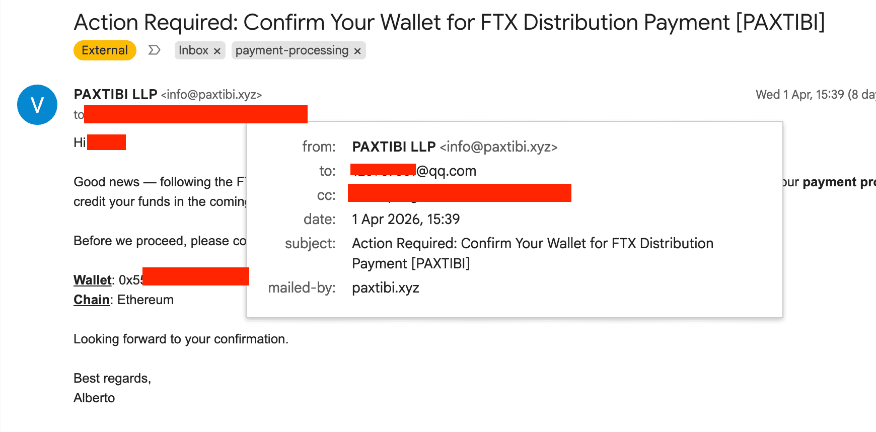 Paxtibi가 제한 관할권 FTX 지급 처리 사례에서 지갑 확인 이메일을 보내는 화면