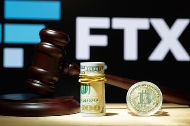 FTX bankruptcy logo and cryptocurrency symbols