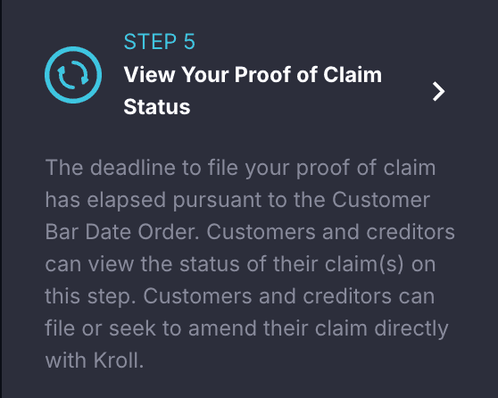 FTX Customer Portal Step 5 showing a blue arrow for claims under review