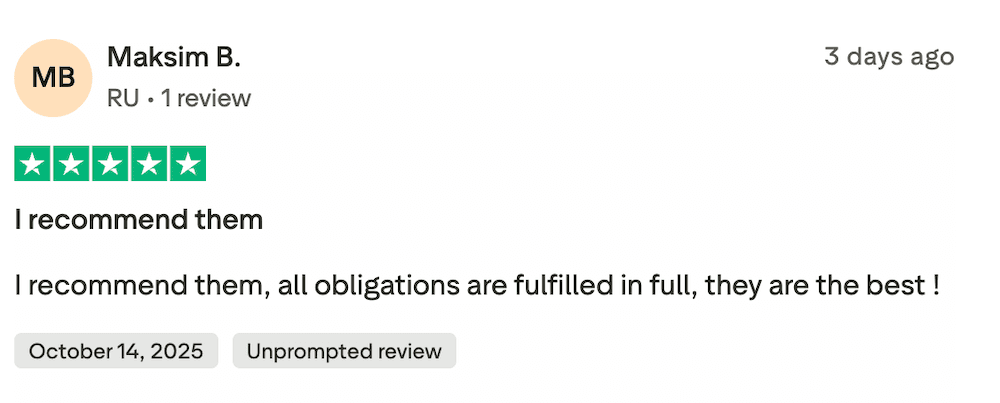 Screenshot della recensione Trustpilot 1