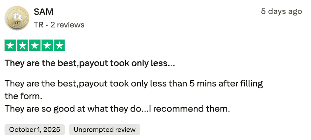 Screenshot della recensione Trustpilot 2