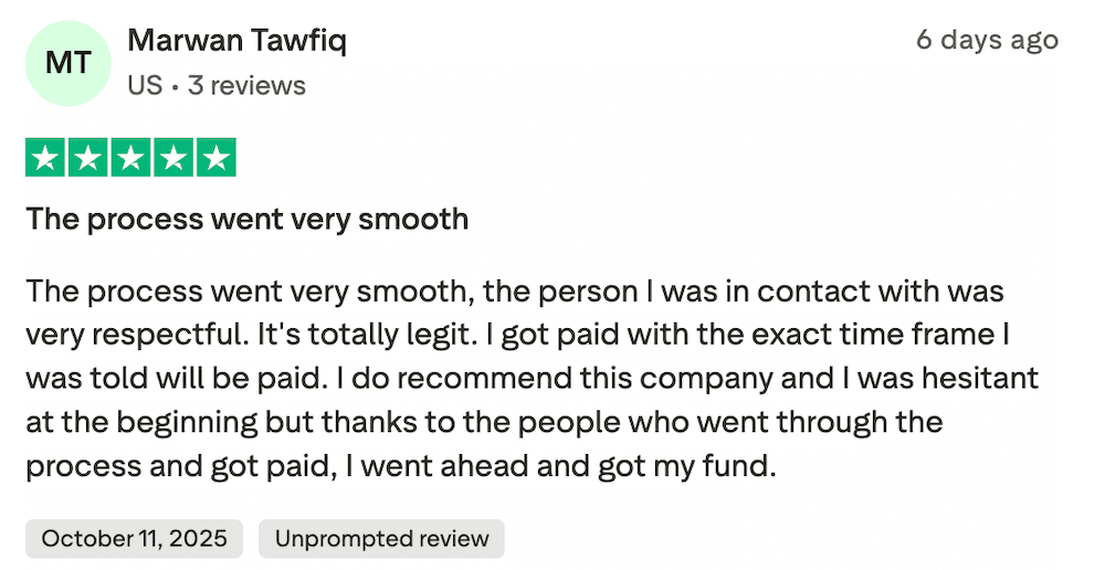 Screenshot della recensione Trustpilot 4