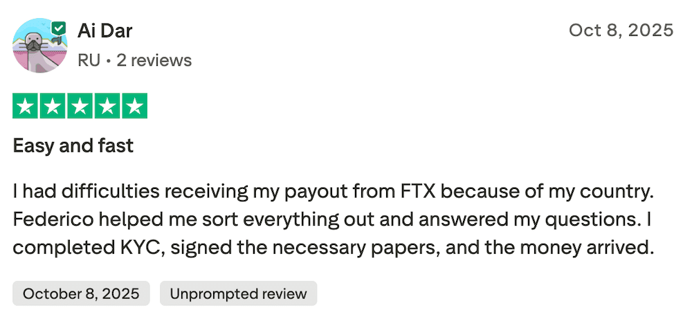 Screenshot della recensione Trustpilot 5